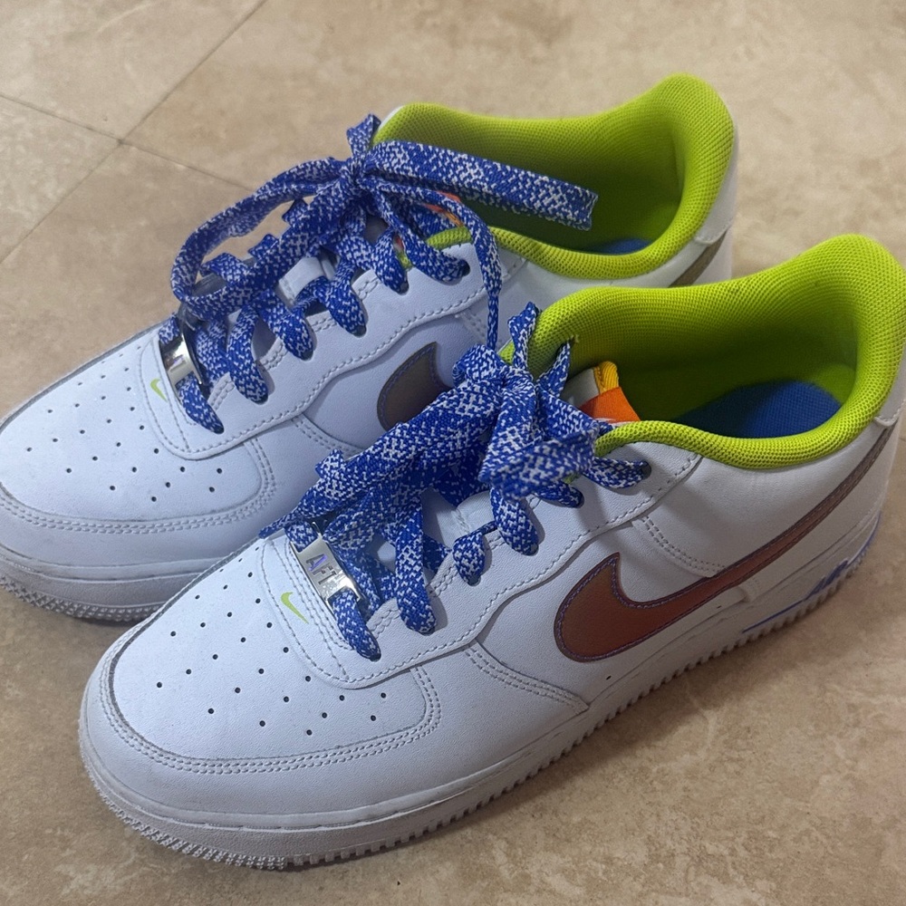 Nike Air Force Kids White and Blue Sneakers with Neon Accents